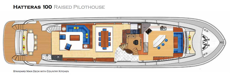 Hatteras 100 Raised Pilothouse – maindeck layout with country kitchen Hatteras 100 Raised Pilothouse - maindeck layout with country kitchen