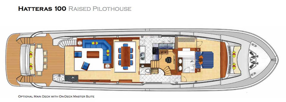 Hatteras 100 Raised Pilothouse maindeck layout with on-deck master suite Hatteras 100 Raised Pilothouse maindeck layout with on-deck master suite