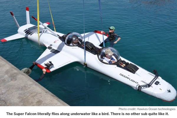 The Super Falcon literally flies along underwater like a bird. There is no other sub quite like it. Photo by Hawkes Ocean technologies The Super Falcon literally flies along underwater like a bird. There is no other sub quite like it. Photo by Hawkes Ocean technologies