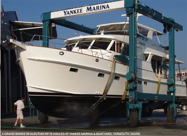 A Grand Banks 59 Aleutian RP is hauled at Yankee Marina & Boatyard; Yarmouth, Maine.