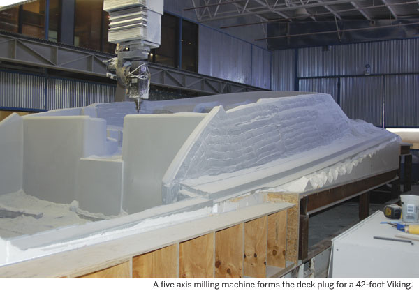 A five axis milling machine forms the deck plug for a 42-foot Viking. A five axis milling machine forms the deck plug for a 42-foot Viking.