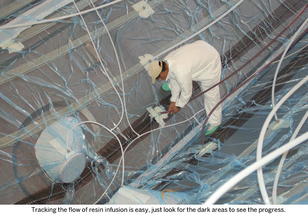 Tracking the flow of resin infusion is easy, just look for the dark areas to see the progress.
