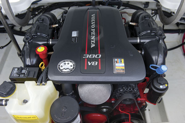 Volvo Penta’s new V8-380, lighter and smaller than her V-8 predecessors, installed in a Formula 26 Sun Sport.