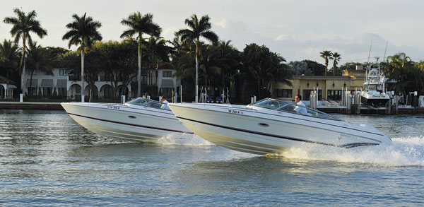 Two Formula boats test Volvo’s V-8s. Two Formula boats test Volvo’s V-8s.