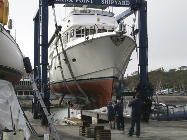 A Nordhavn 47 gets ready to splash at Dana Point Shipyard, Inc., in Dana  Point, California.