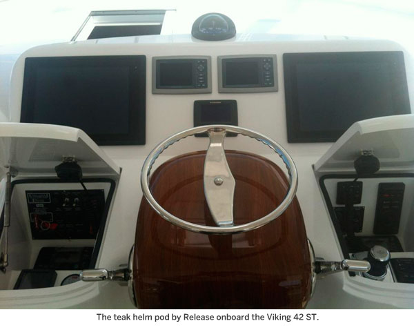 The teak helm pod by Release onboard the Viking 42 ST. The teak helm pod by Release onboard the Viking 42 ST.