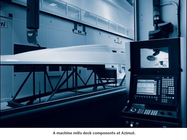 A machine mills deck components at Azimut. A machine mills deck components at Azimut.