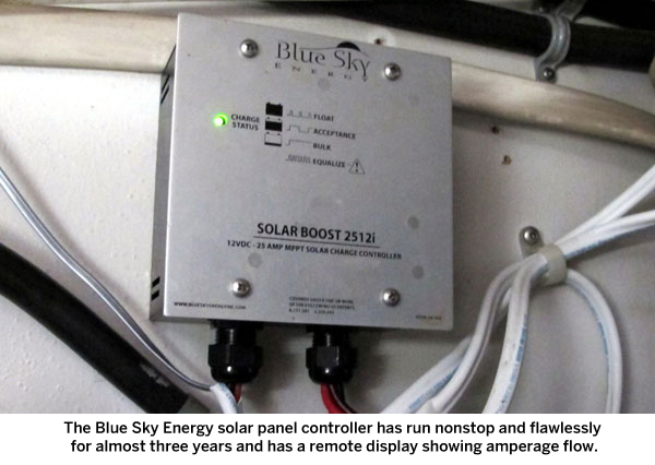 The Blue Sky Energy solar panel controller has run nonstop and flawlessly for almost three years and has a remote display showing amperage flow. The Blue Sky Energy solar panel controller has run nonstop and flawlessly for almost three years and has a remote display showing amperage flow.