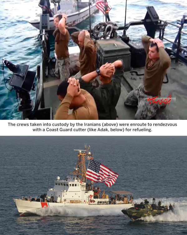The crews taken into custody by the Iranians (above) were enroute to rendezvous with a Coast Guard cutter (like Adak, below) for refueling.