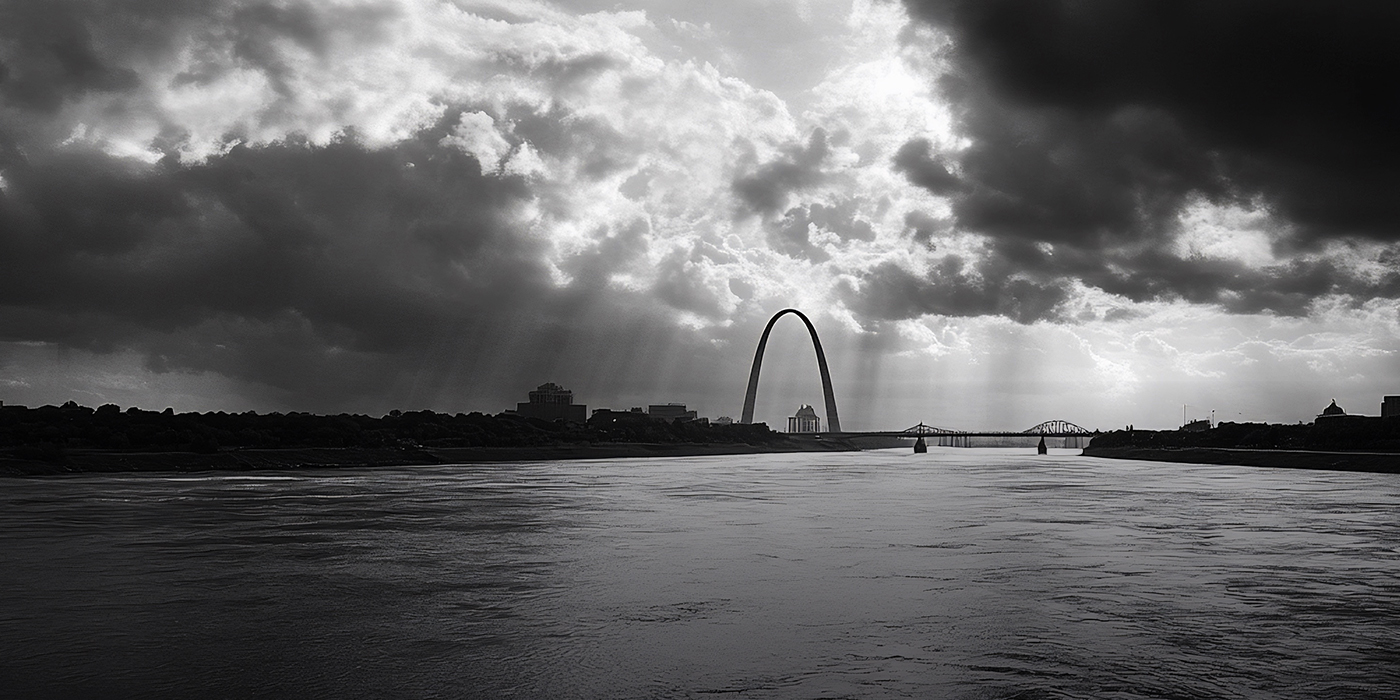 The St. Louis arch with a stormy sky