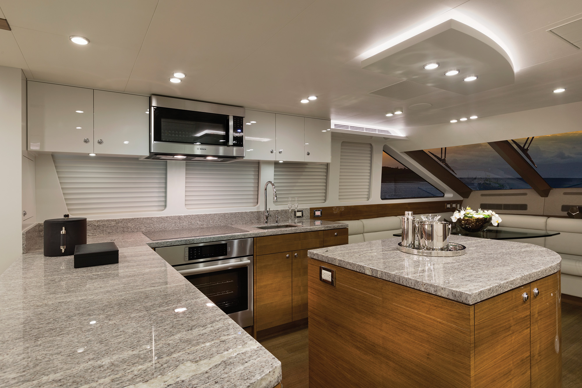 The island in the middle of the galley is ideal for staging meals.
