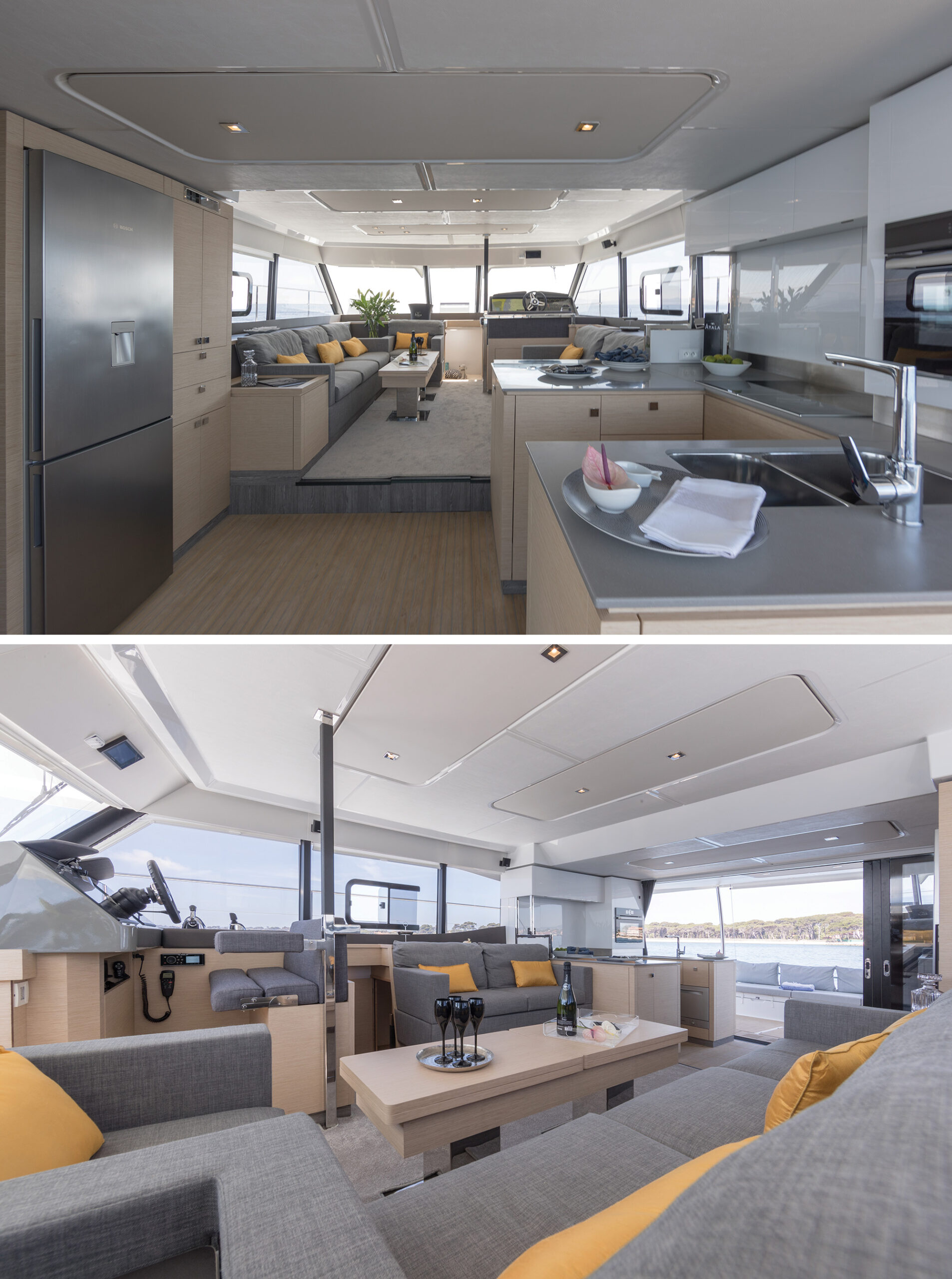 Fountaine Pajot tapped Italian architect Pierangelo Andreani to give the salon a bright, luxurious feel.