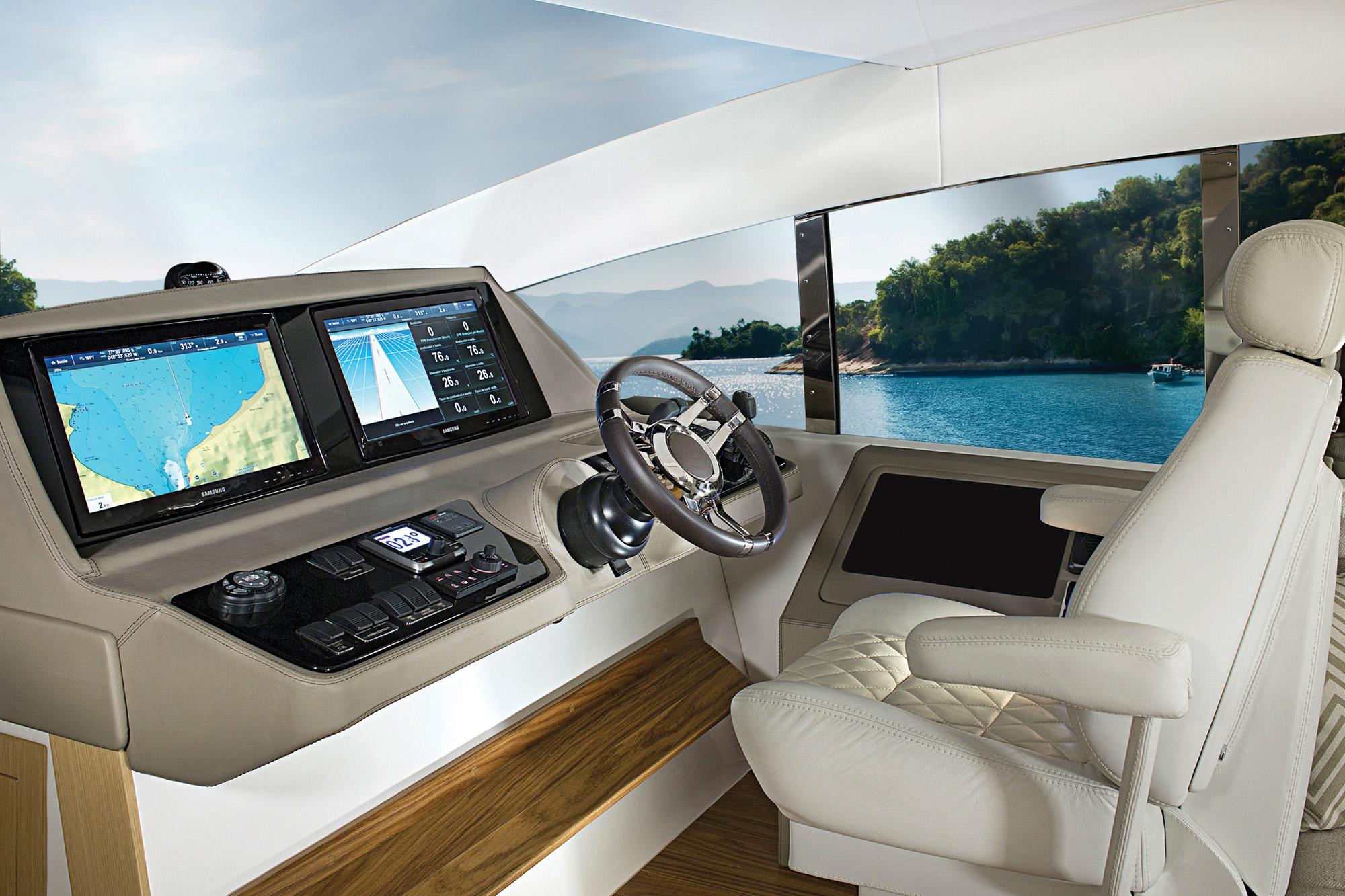 No distractions! The helm is situated far forward, with a single chair, an expansive helm dash, and glass all around.