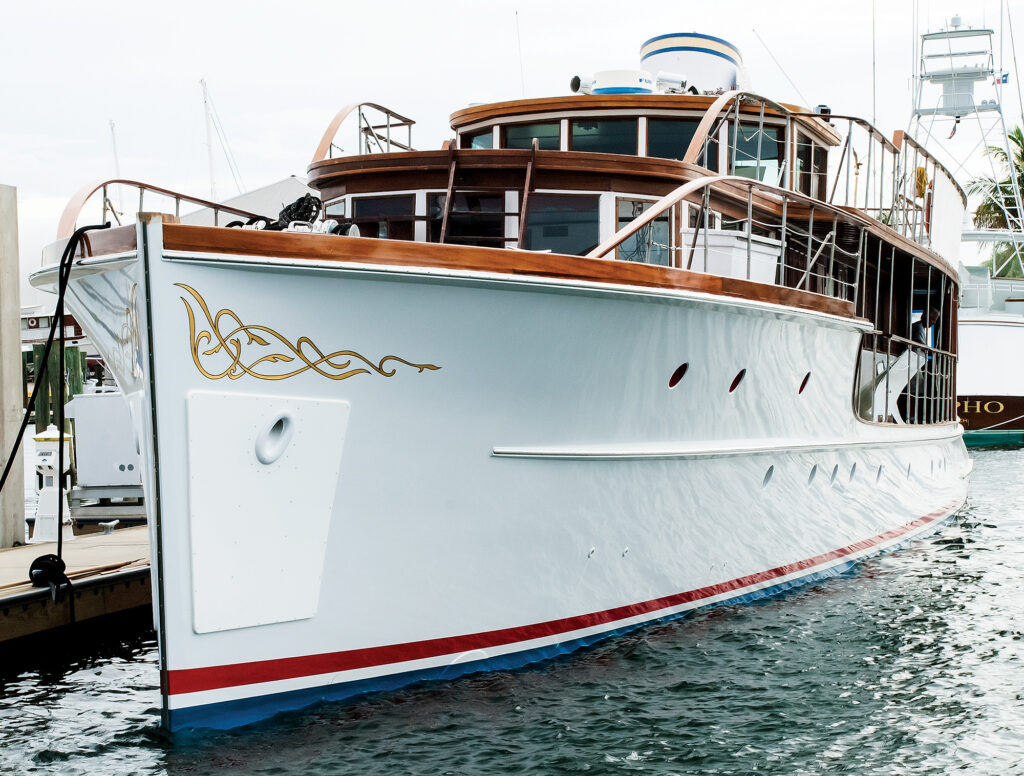 Honey Fitz in the water in Riviera Beach at the completion of Moores’ 2010 hull restoration.