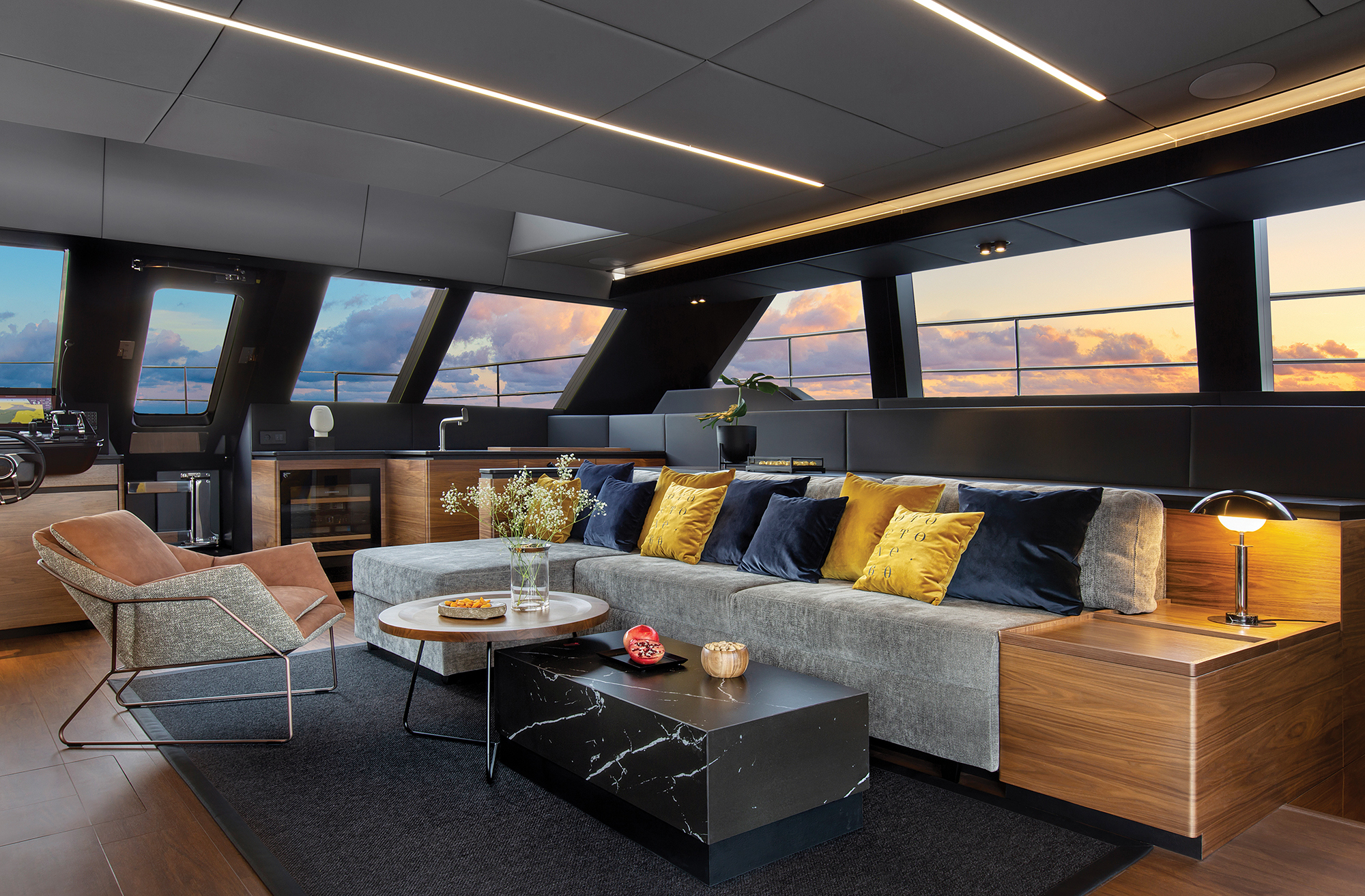 The salon of the Sunreef 60 Power Eco has a distinctive design scheme