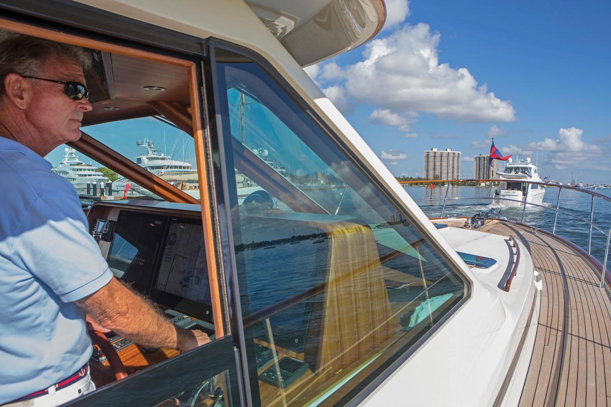 Roger Smith, owner of the first Hunt 72, heads out of the Palm Beach show to find some open water.