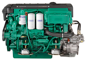 The Volvo Penta 300-mhp diesel inboard is a common-rail fuel-injected engine with dual overhead cams, an aftercooler, and a turbo.