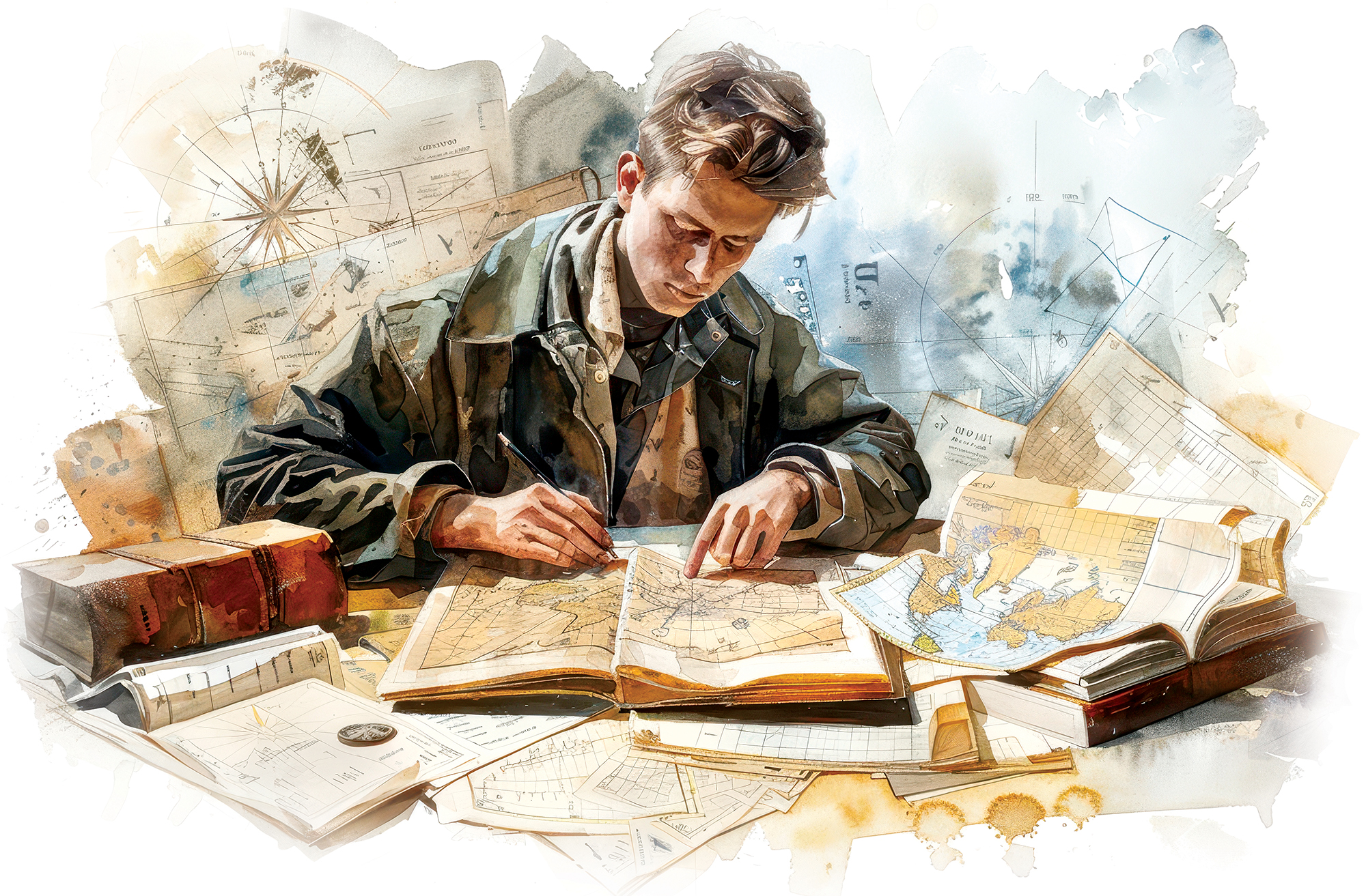 A watercolor scene of a sailor charting a course with maps and nautical almanacs spread around him