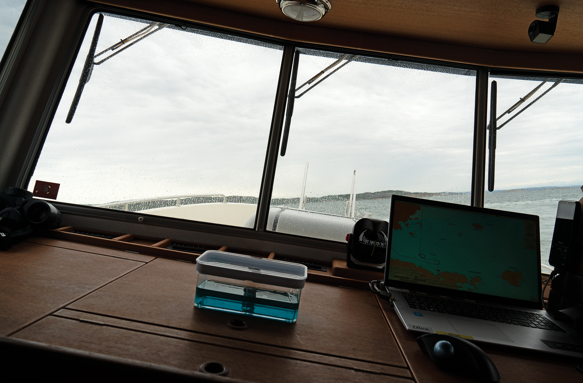 Looking through the front window of a healing boat