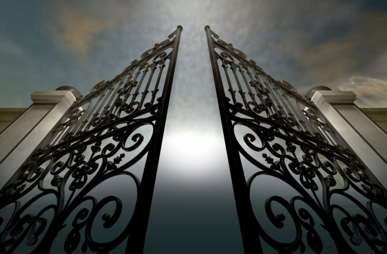 A set of ornate gates opening under an ethereal light