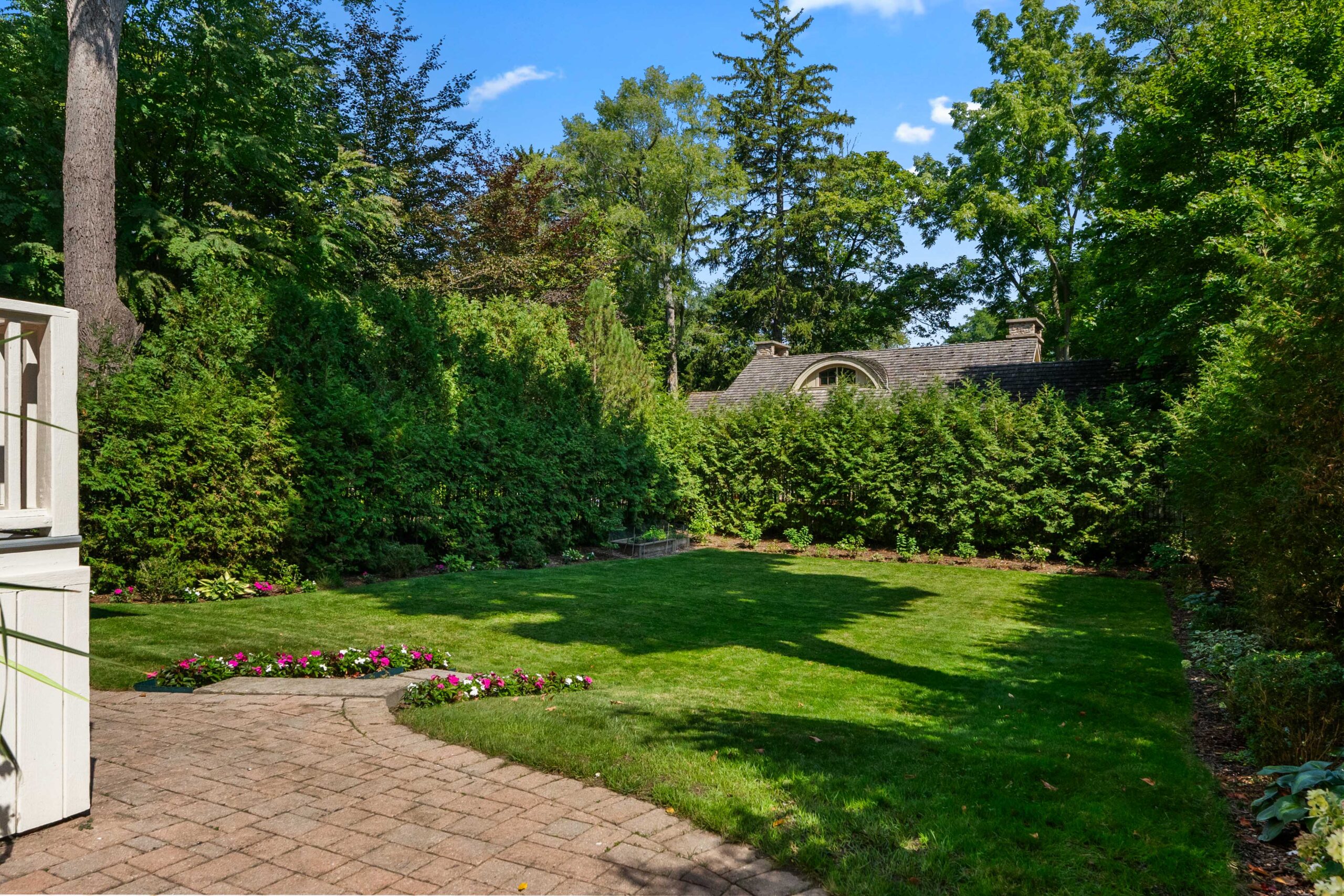 Lush green backyard with manicured lawn and hedges under a clear blue sky