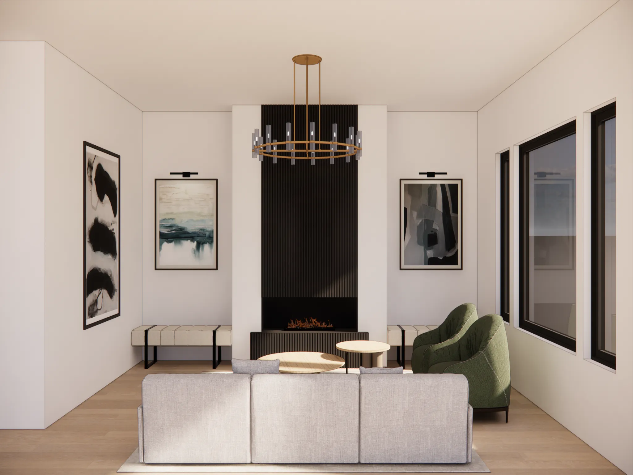 living room with large floor to ceiling custom fireplace and stylish chandelier