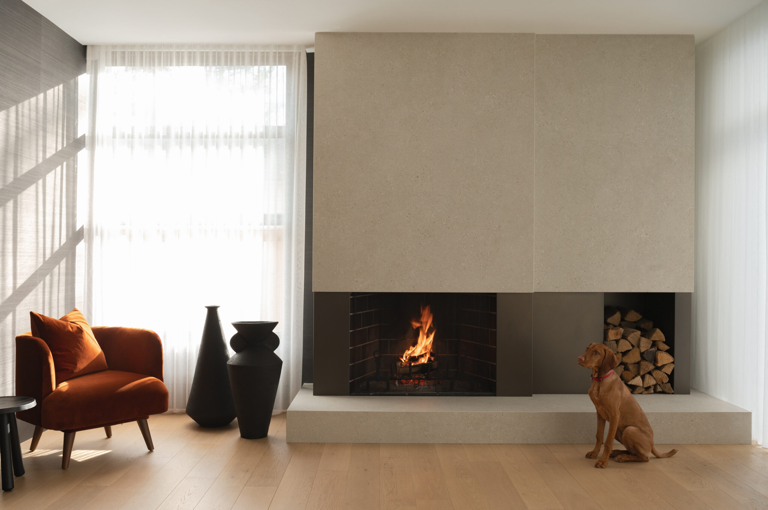 Modern living room with a fireplace, orange chair, and a dog.