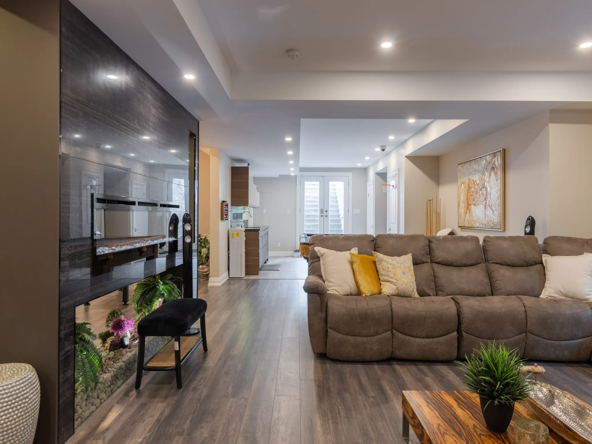 lower level with big leather couch