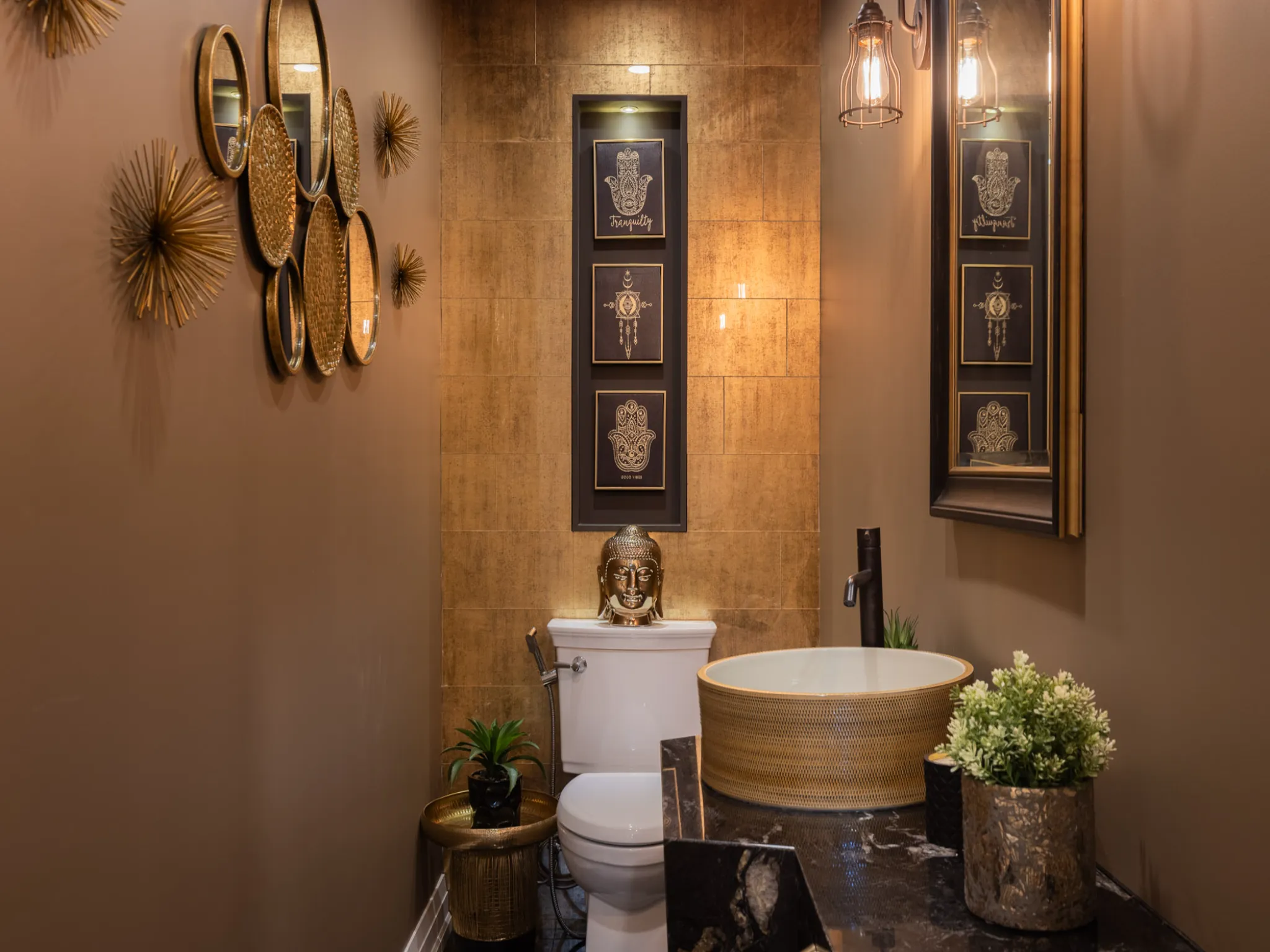 lower level powder room with beautiful, eclectic decor