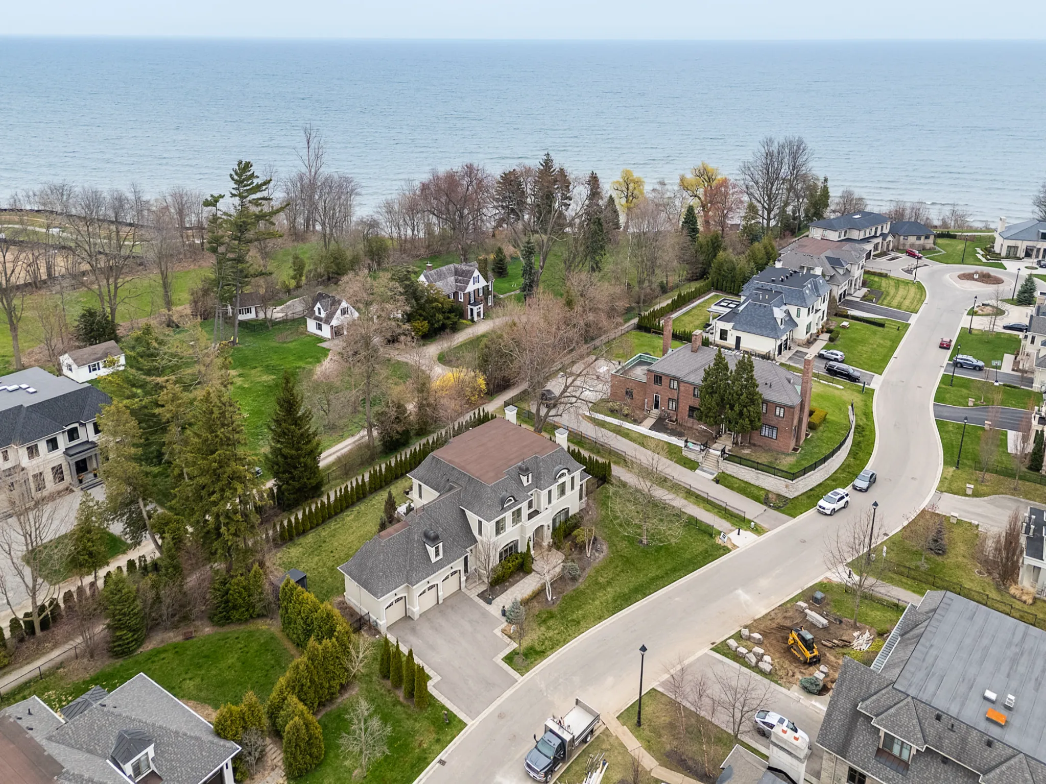 aerial view of the house and the street - you can see the lake from here!