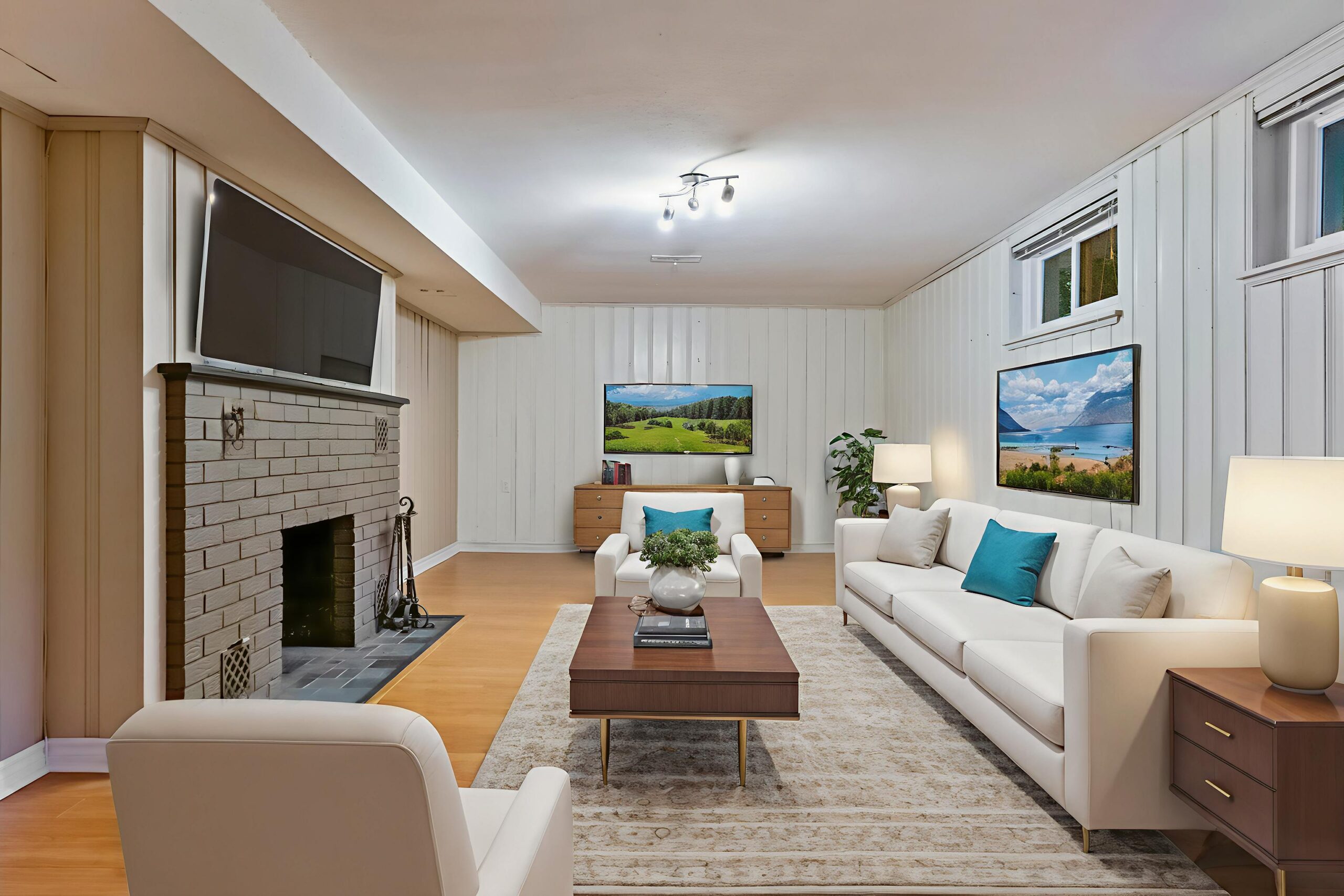 Modern living room with white sofas, a fireplace, and landscape paintings
