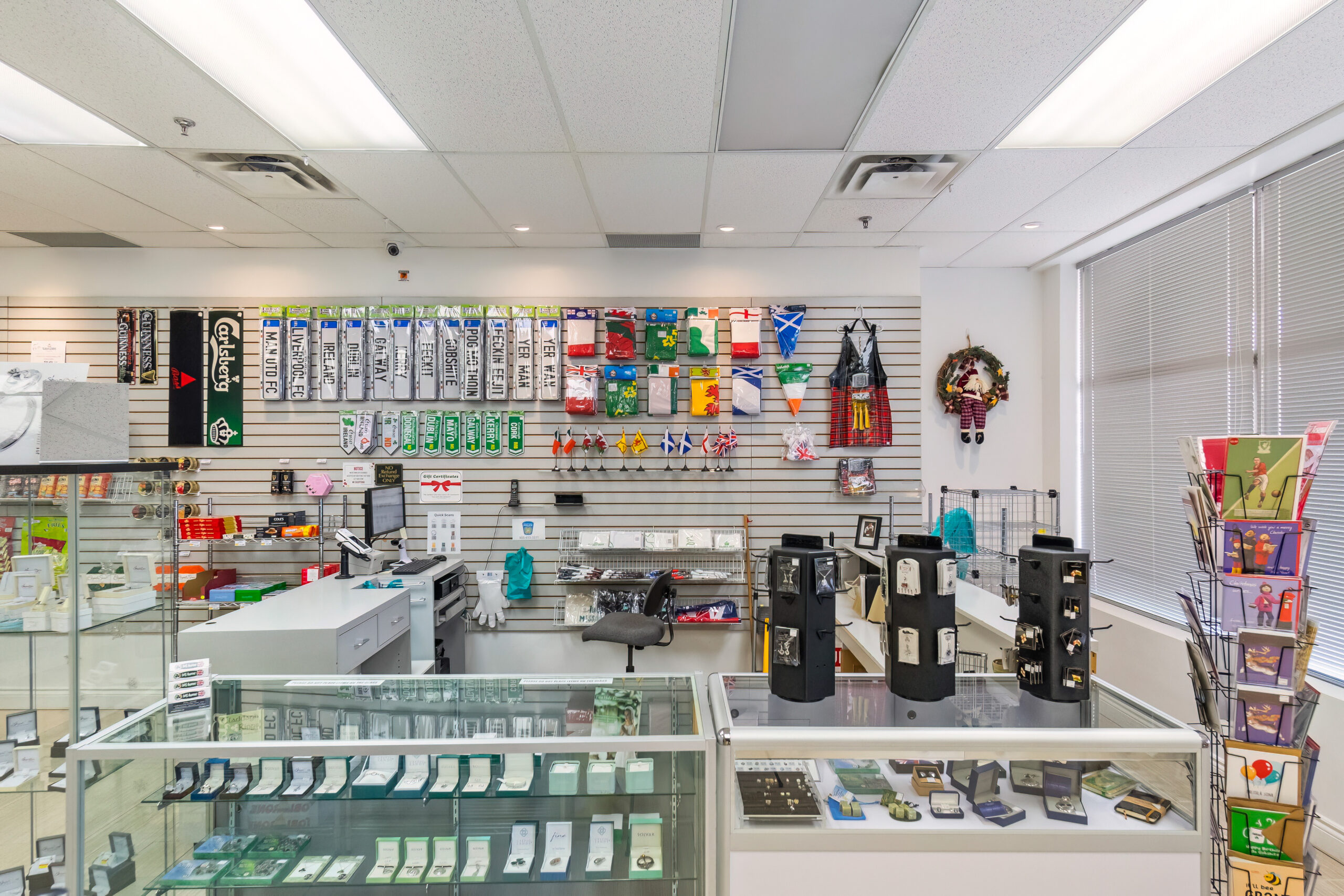 Retail store interior displaying various products and accessories on shelves