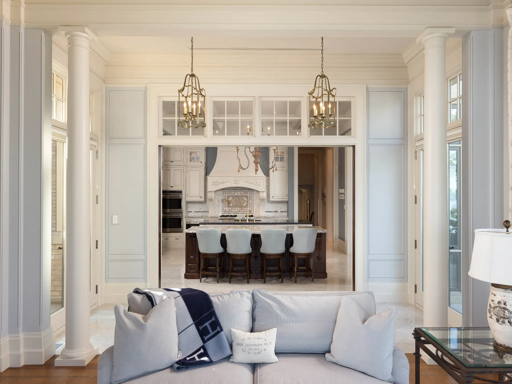 view of the kitchen from the family room, beautiful powder blue walls