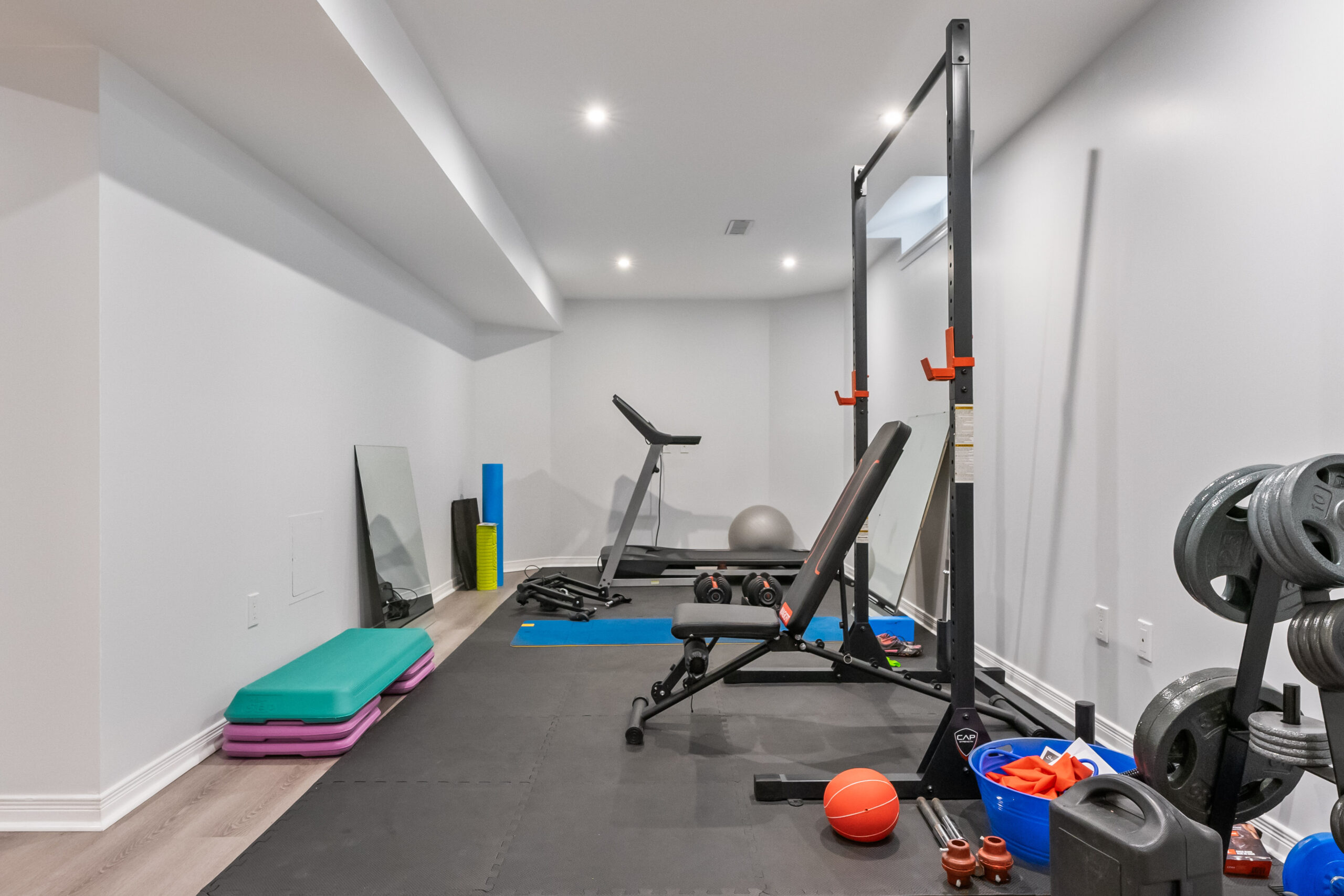 Home gym with exercise equipment, weights, and workout mats