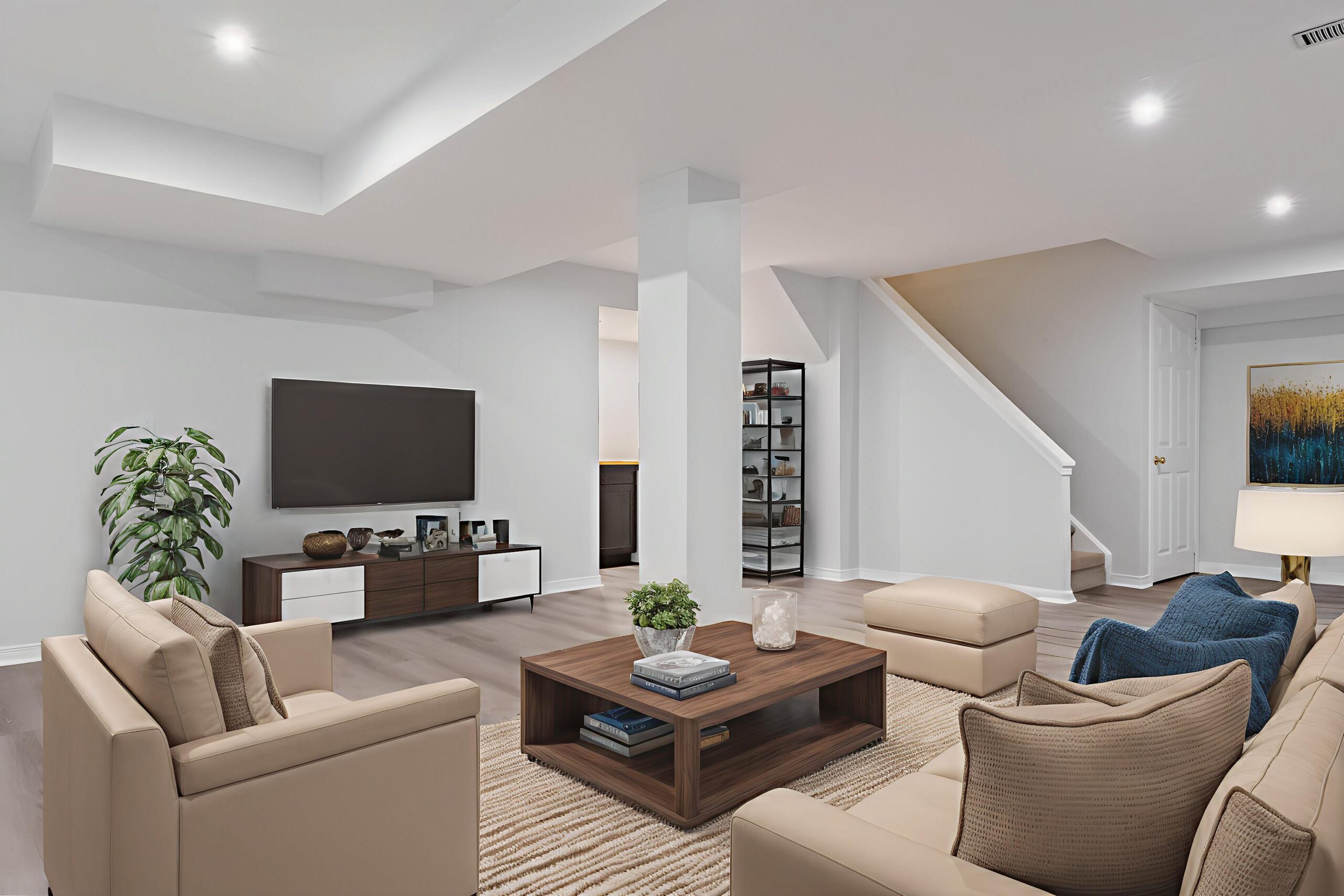 Modern living room with beige sofas, wooden coffee table, and TV setup