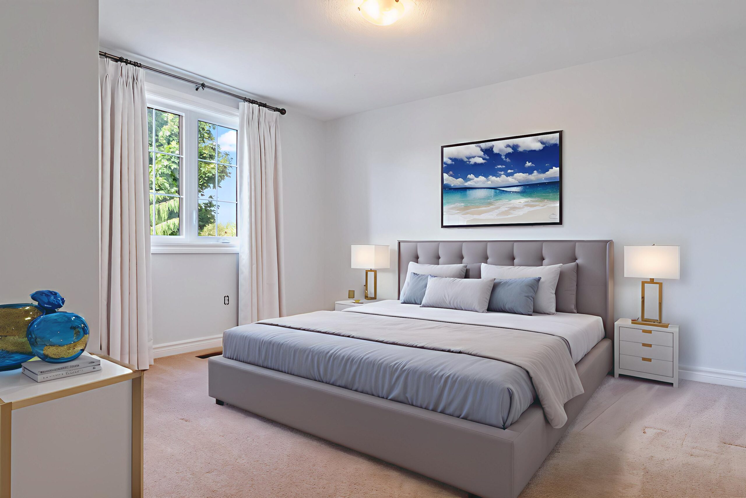 Modern bedroom with gray bed, blue decor, and large window.