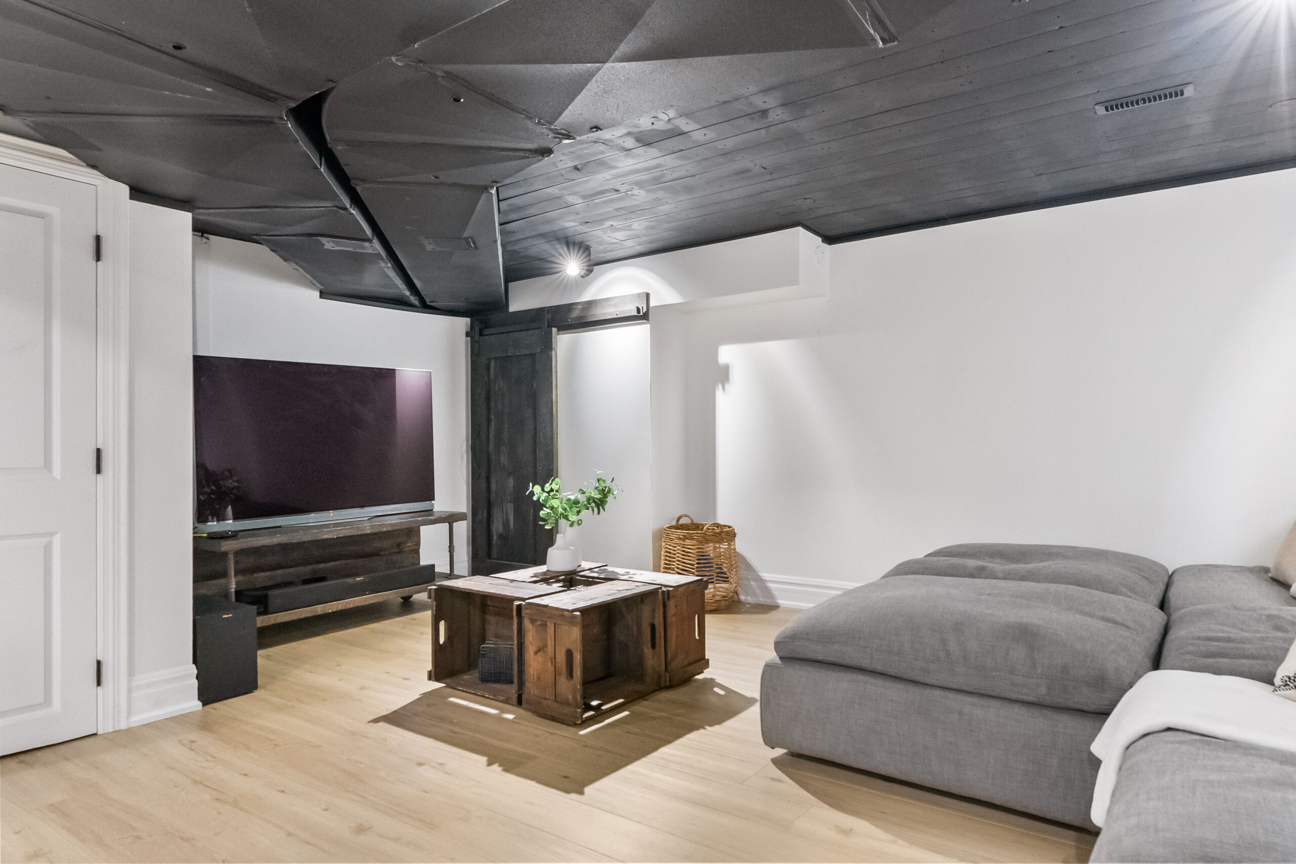 Modern living room with a gray sofa, wooden coffee table, and a TV.