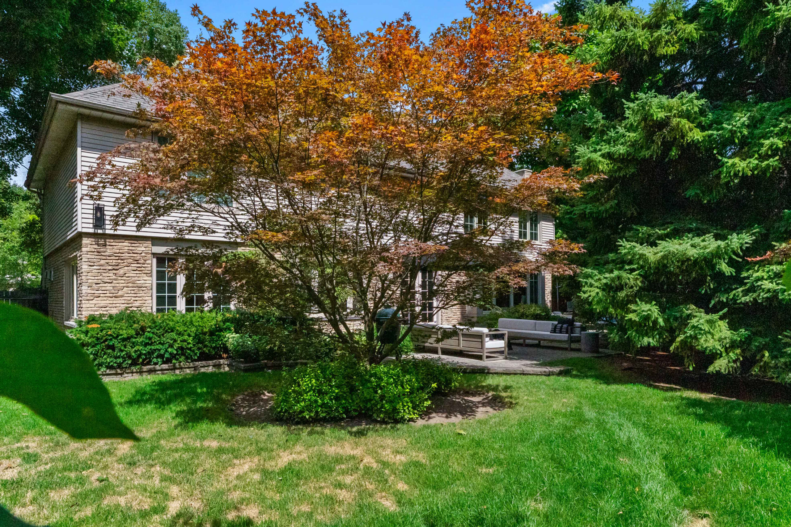 House with a landscaped yard and a vibrant orange tree in front