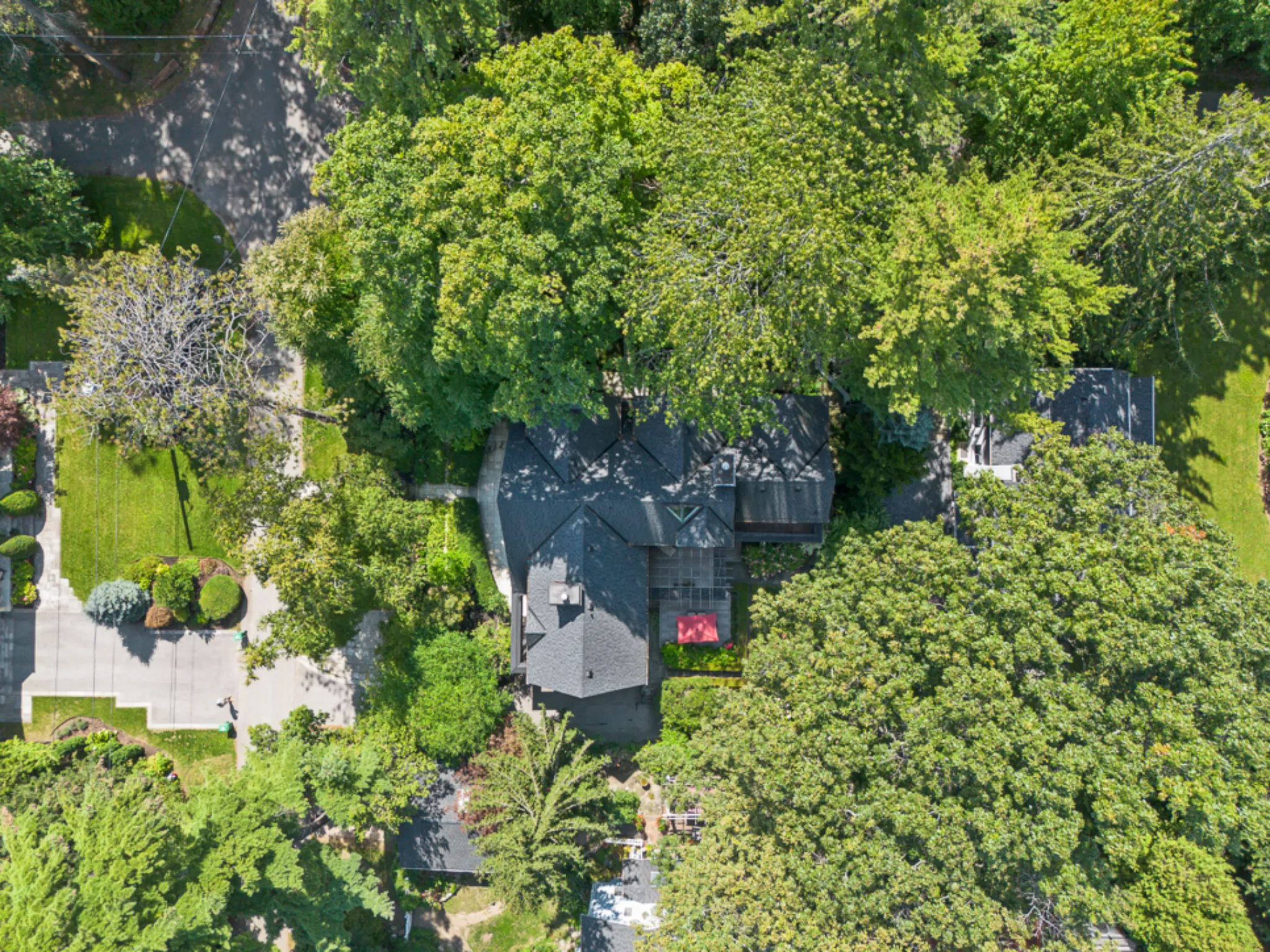 Aerial view of a house surrounded by lush green trees and gardens