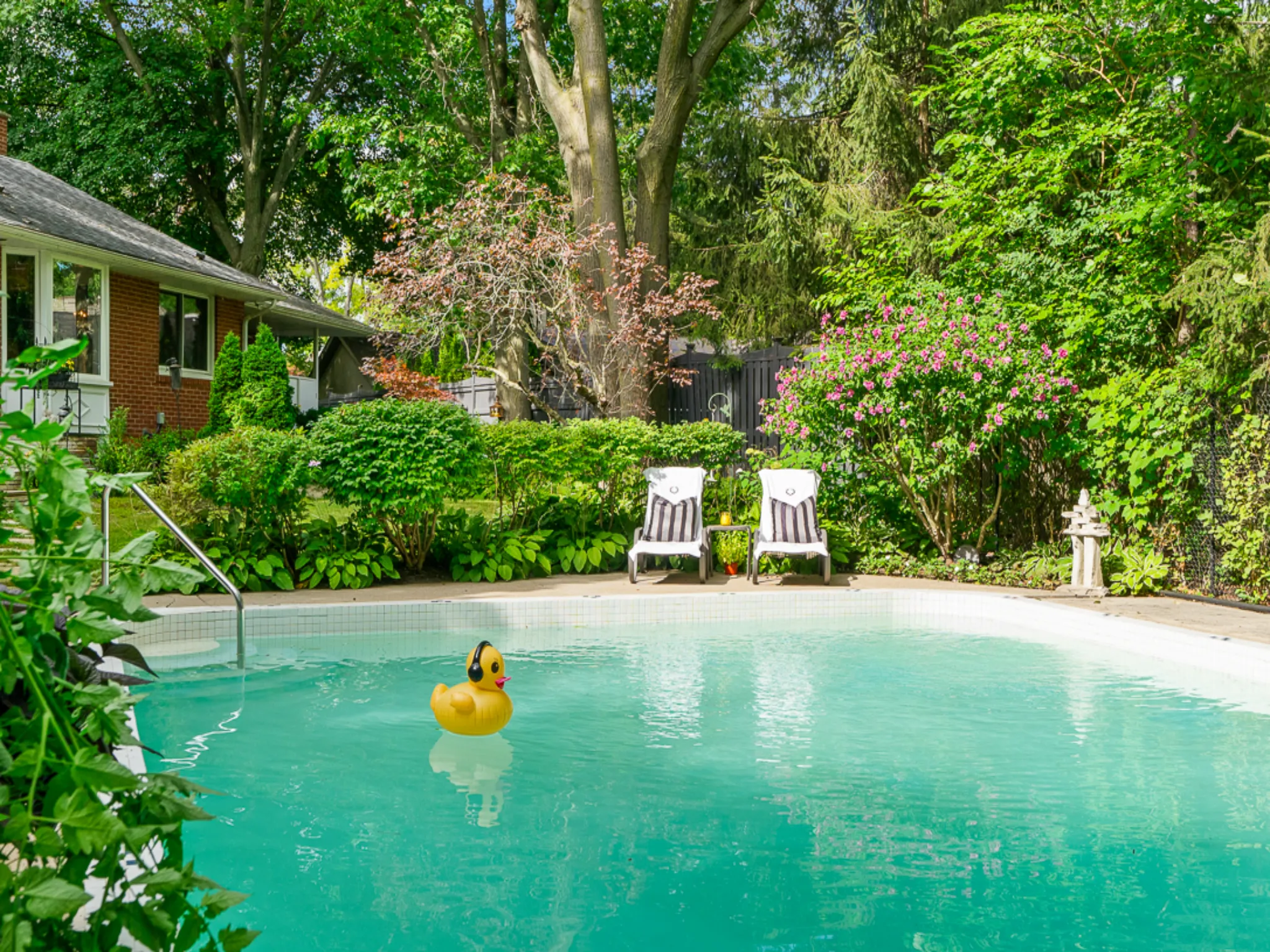 two loungeh chairs sitting poolside while yellow rubber ducky floats in pool