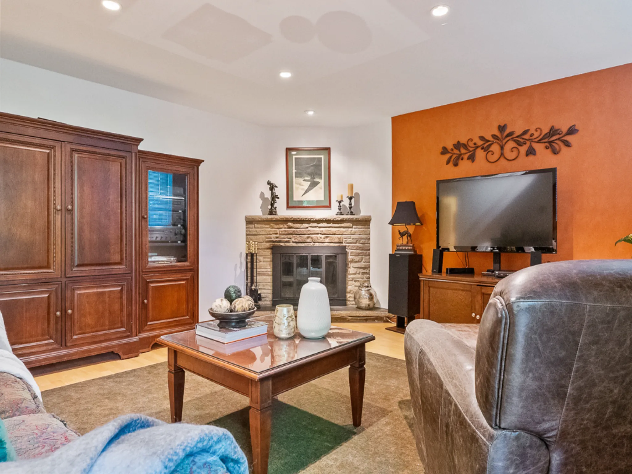 lower level with stone fireplace