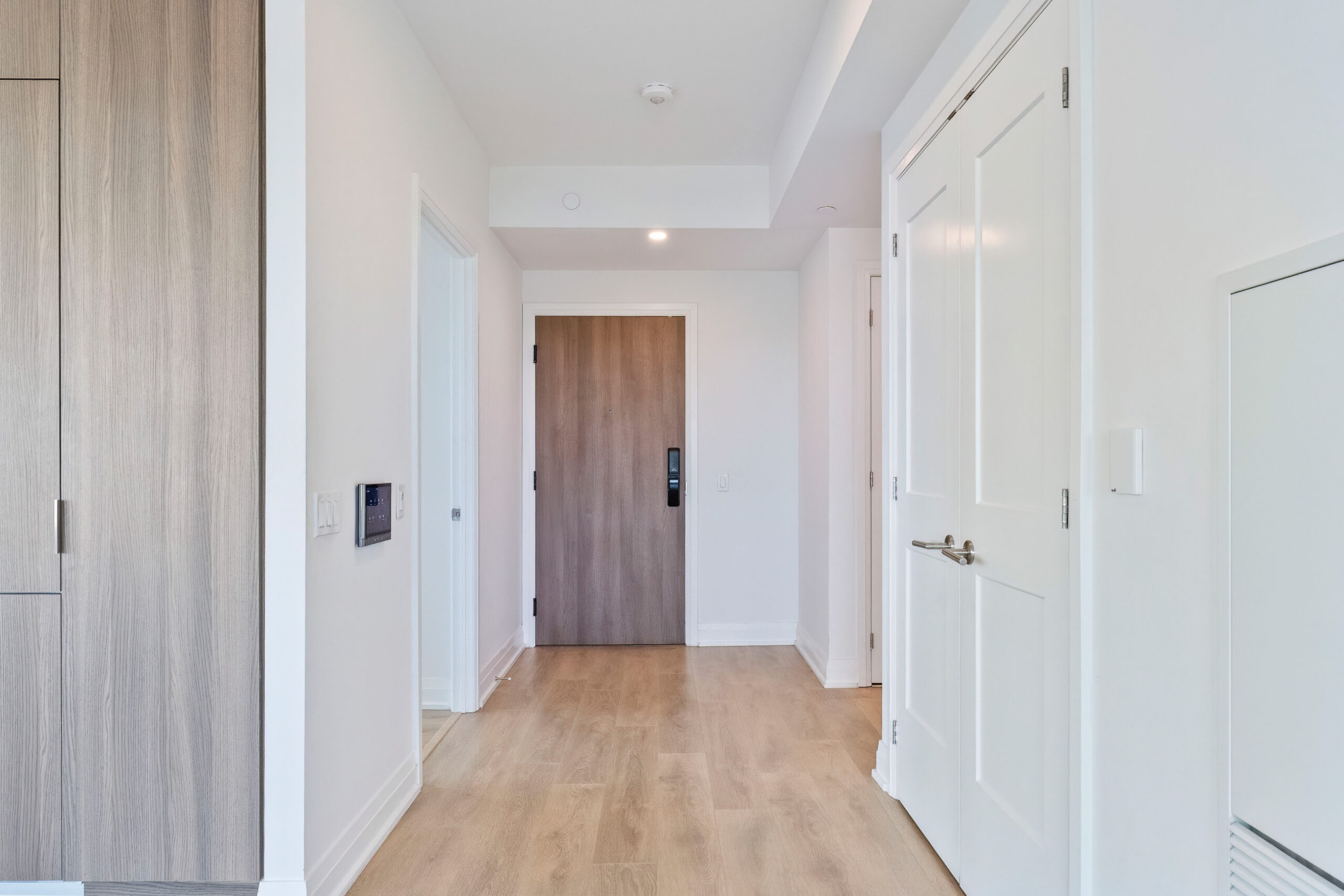 Modern hallway with wooden door and light-colored walls