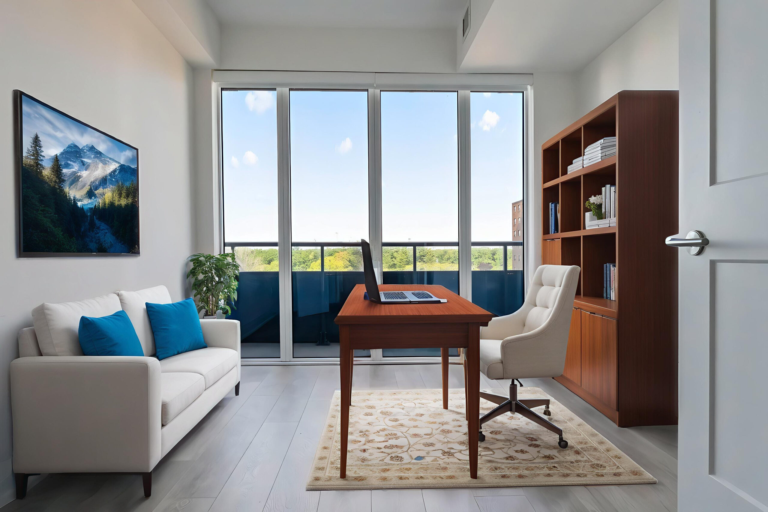 Modern office space with a desk, chair, and large windows overlooking greenery