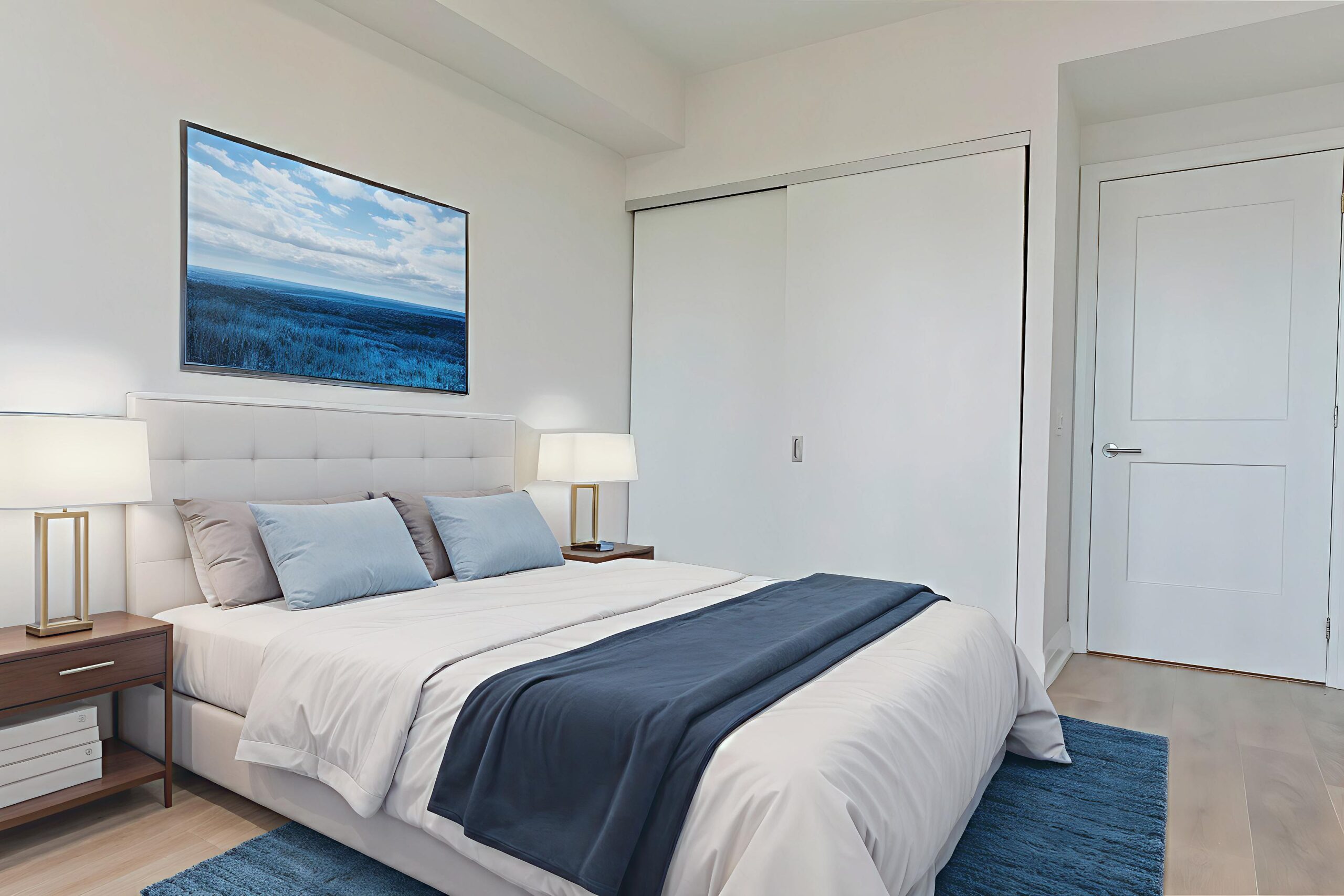 Modern bedroom with a blue and white color scheme, featuring a bed and artwork.