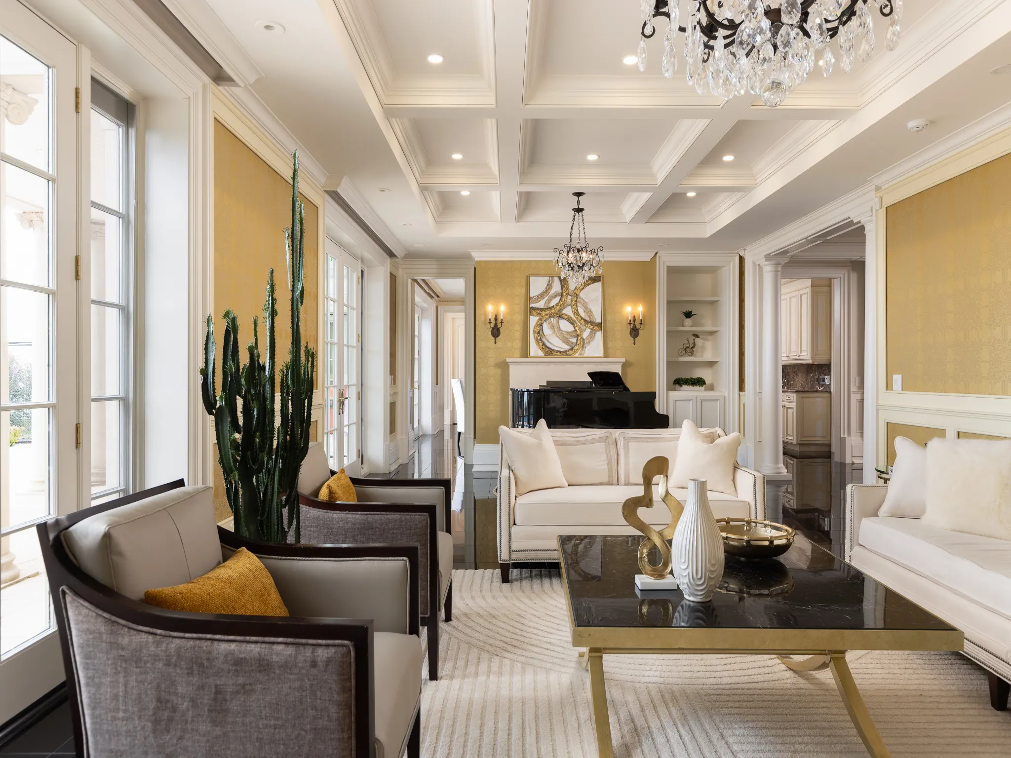 living room with golden walls and large windows