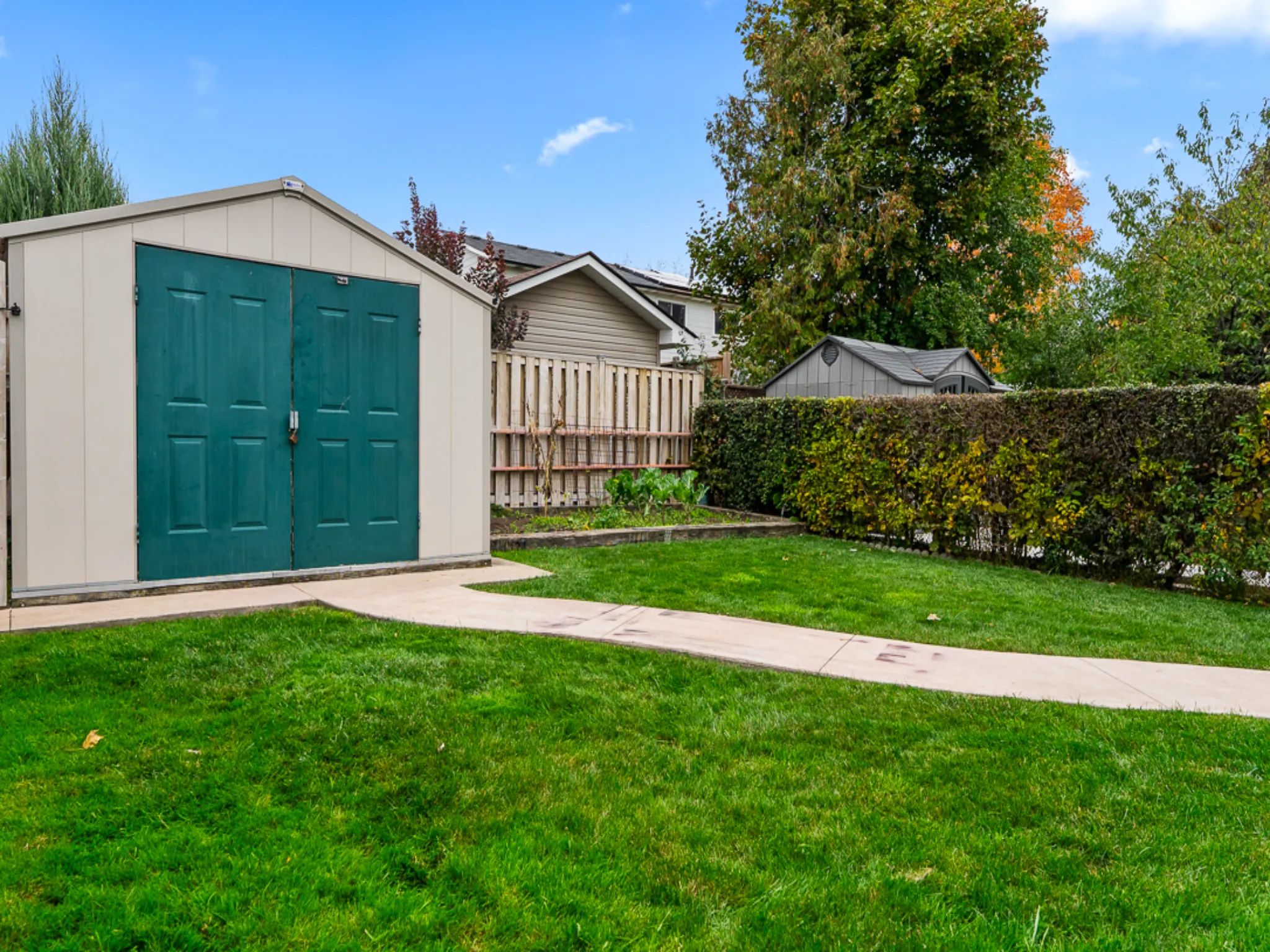 exterior showing yard and shed with blue doors