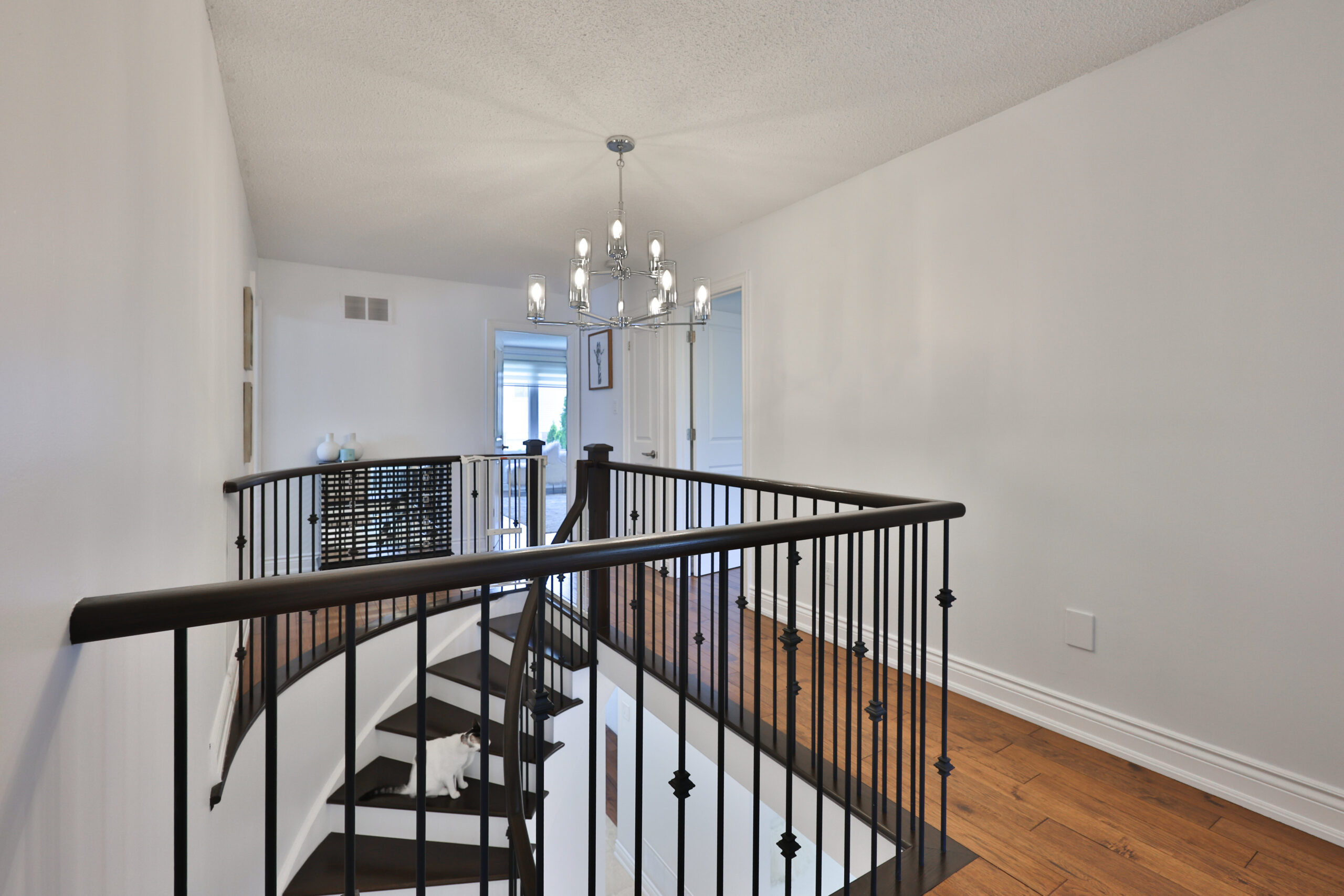 Spacious hallway with a curved staircase and modern chandelier