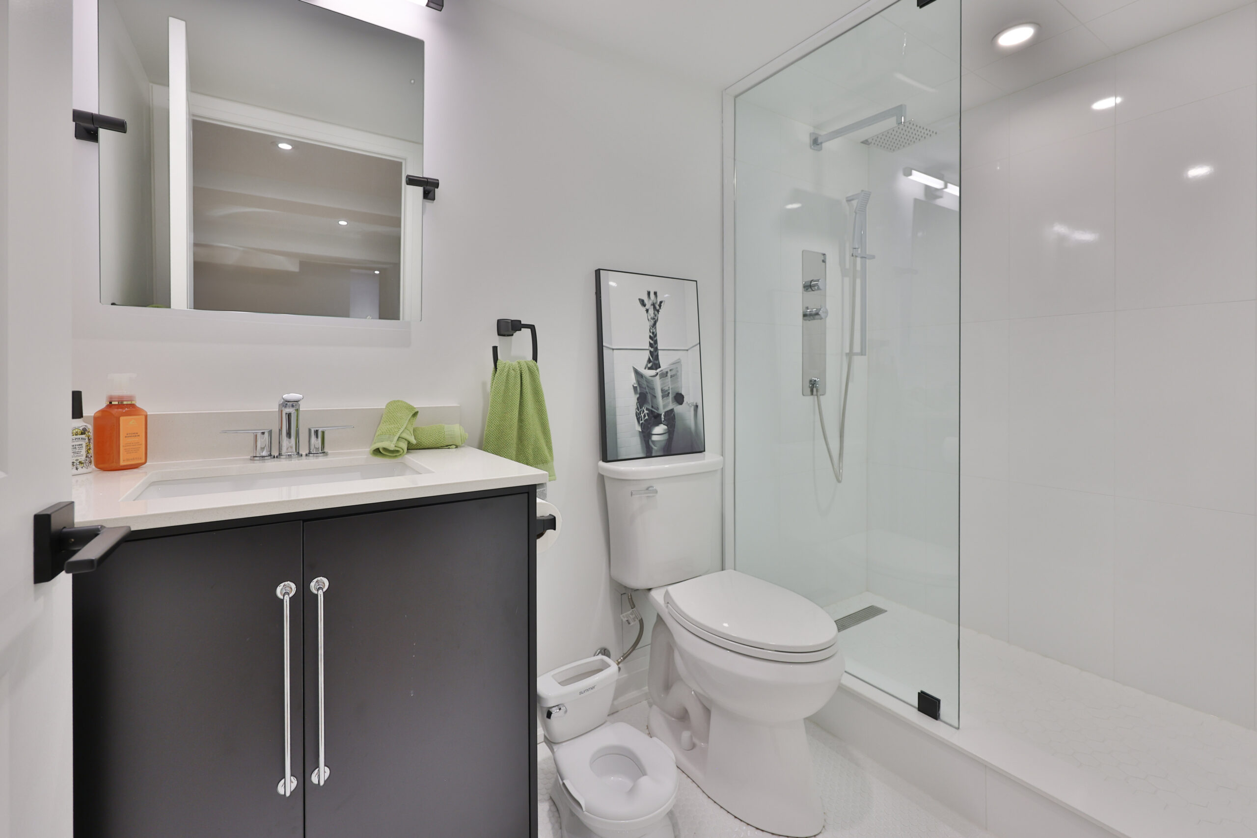 Modern bathroom with glass shower, white walls, and sleek cabinetry