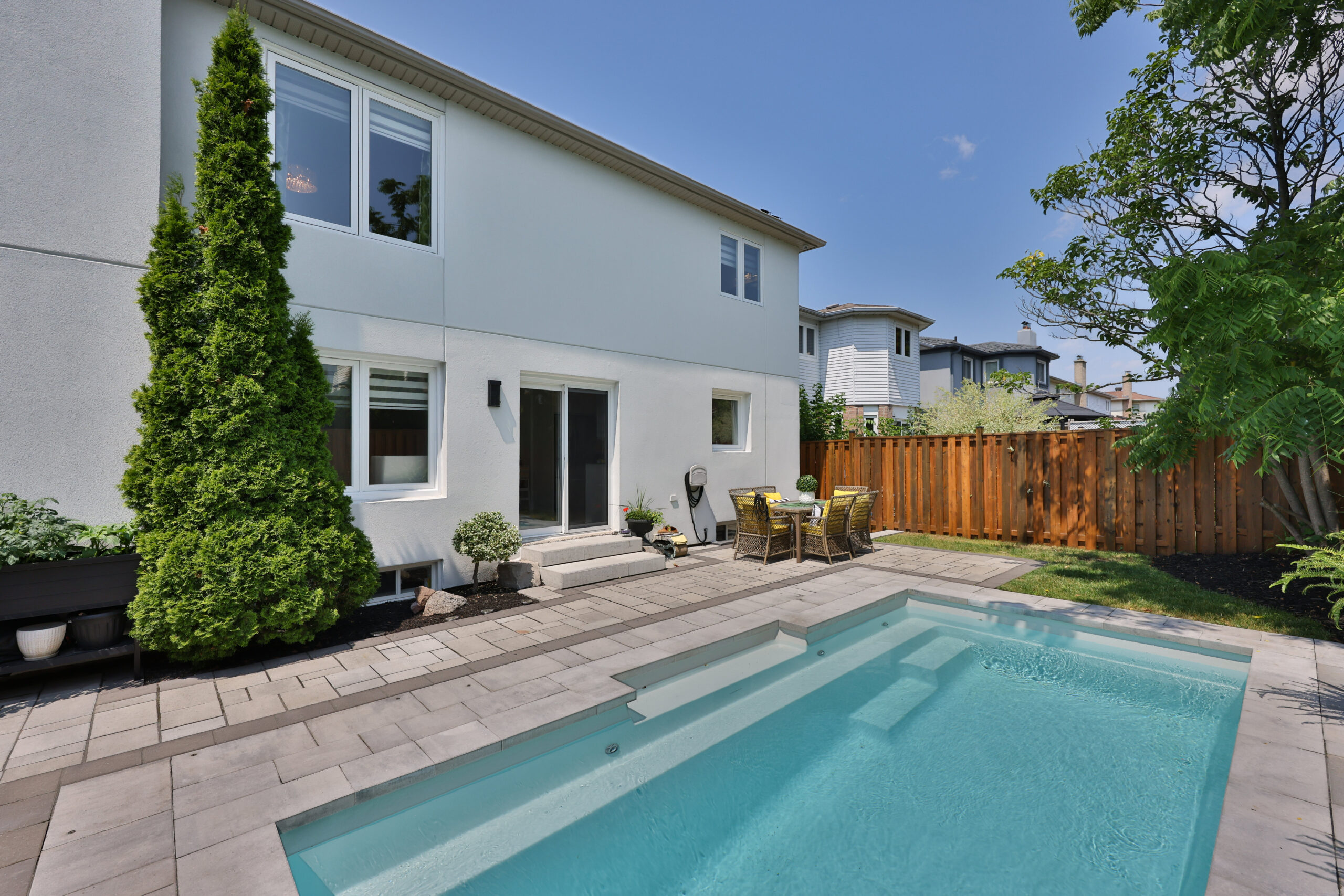 Modern backyard with a swimming pool and landscaped garden