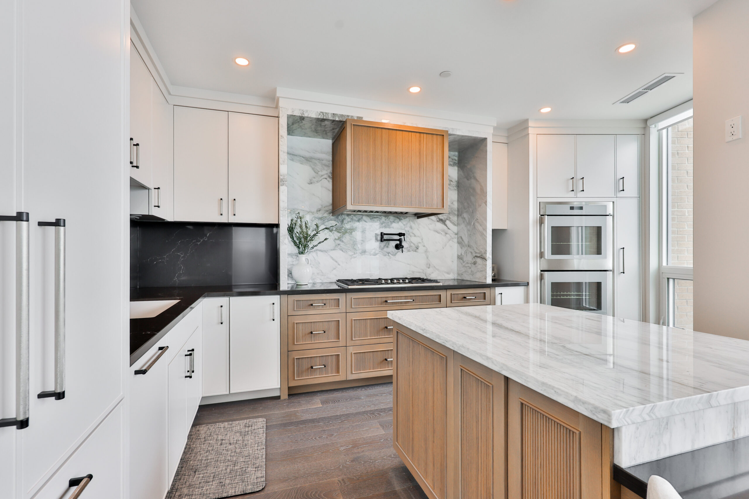 double fridge, stainless steel appliance, large island